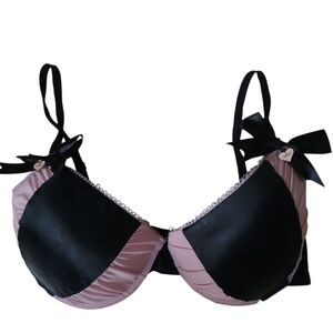 PLAYBOY Black and Pink Balconette Bra with Ribbon Accents